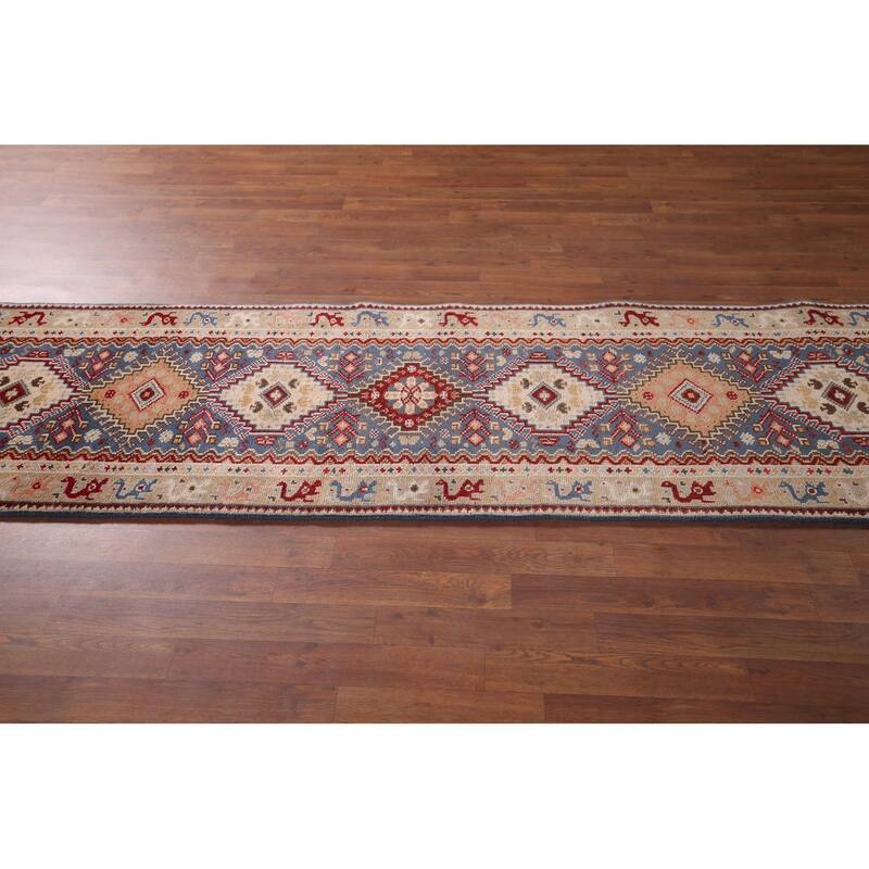 Blue Geometric Khotan Oriental Runner Rug Hand-Knotted Wool Carpet - 2'7"x 11'9"