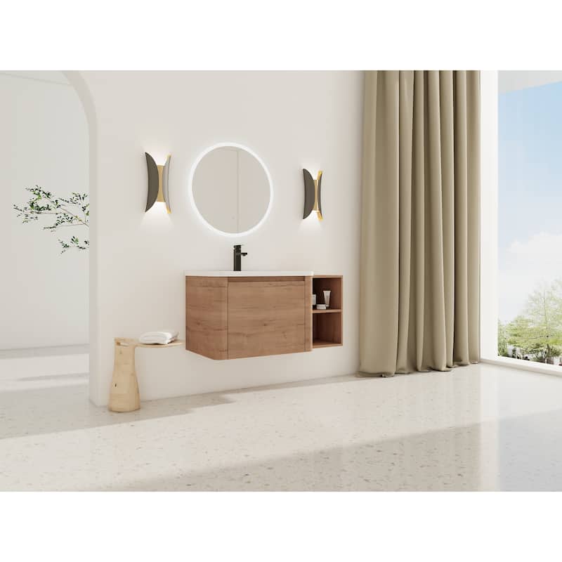 40'' Wall-Mounted Bathroom Vanity with White Ceramic Sink and Storage Shelves & 1-Soft-Close Door, KD-Packing, Plywood
