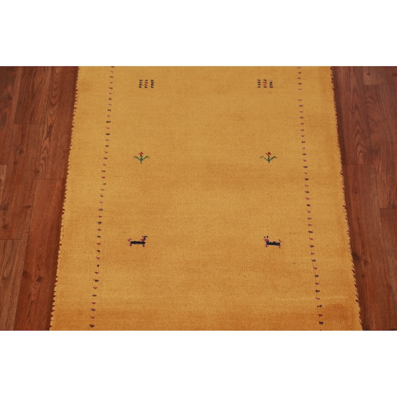 Hand Knotted Oriental 100% Wool Carpet Tribal Animal Pictorial Yellow & Gold Gabbeh Runner Rug - 9' 10'' X 2' 6''