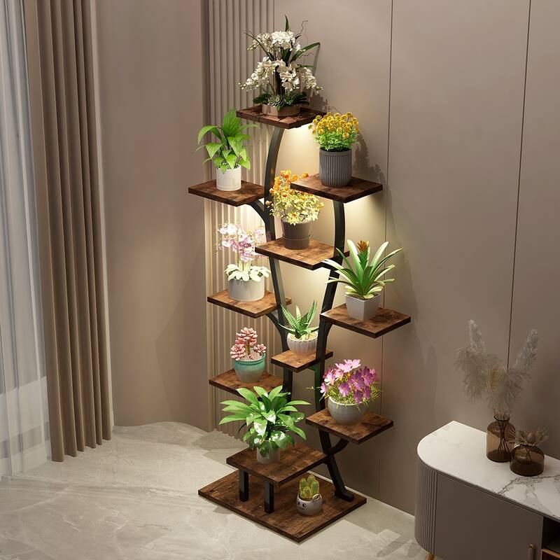 Plant Stand with Grow Lights, Indoor Plant Shelf, Metal Plant Flower Holder Stand, Vase Shape Plant Rack for Home, Patio - Black + Dark Walnut