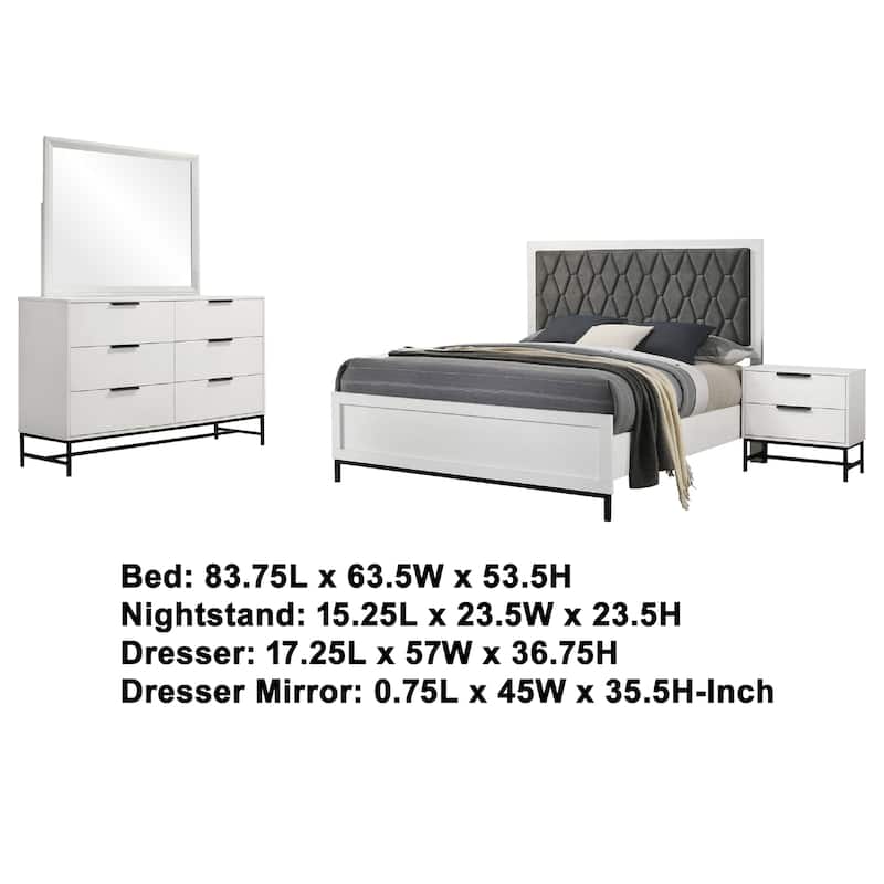 Noro 4pc Queen Bedroom Set, Modern White, Dresser Mirror Nightstand
