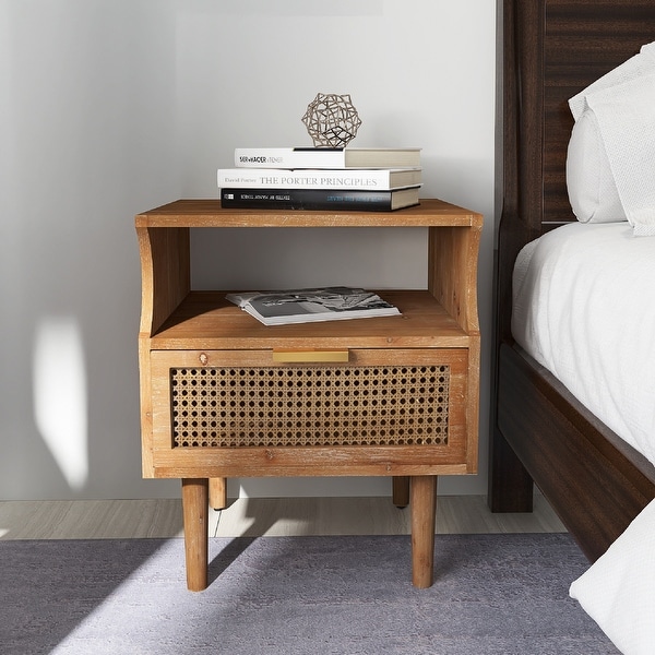 COZAYH Rustic Farmhouse Woven Fronts Nightstand, Spacious Storage End Table With 1 Drawers. Opens flyout.