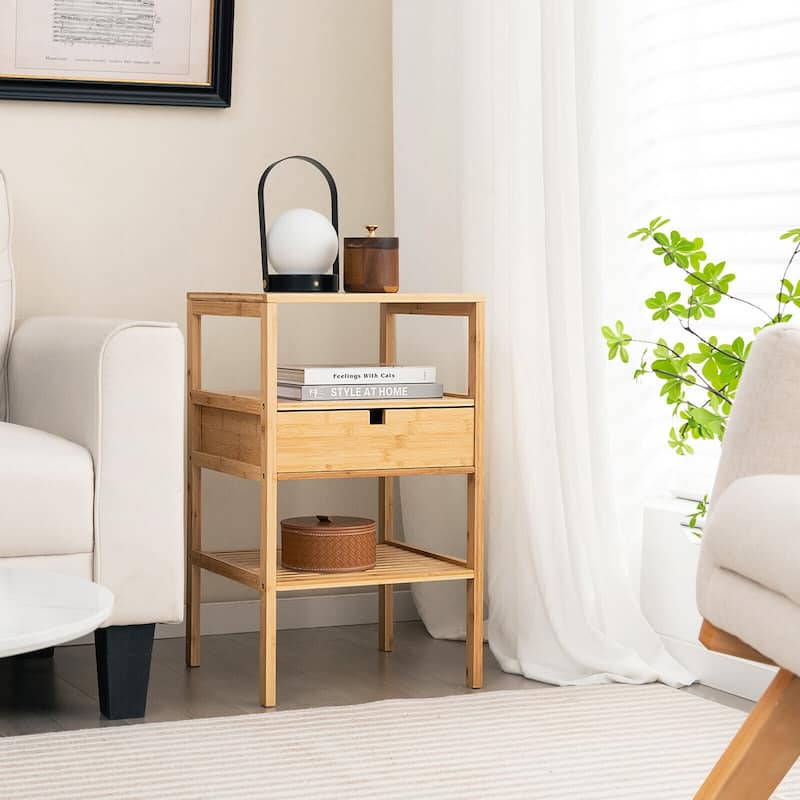 Gymax Bamboo Nightstands Set of 2 w/ Pull-out Drawer and Storage Shelf