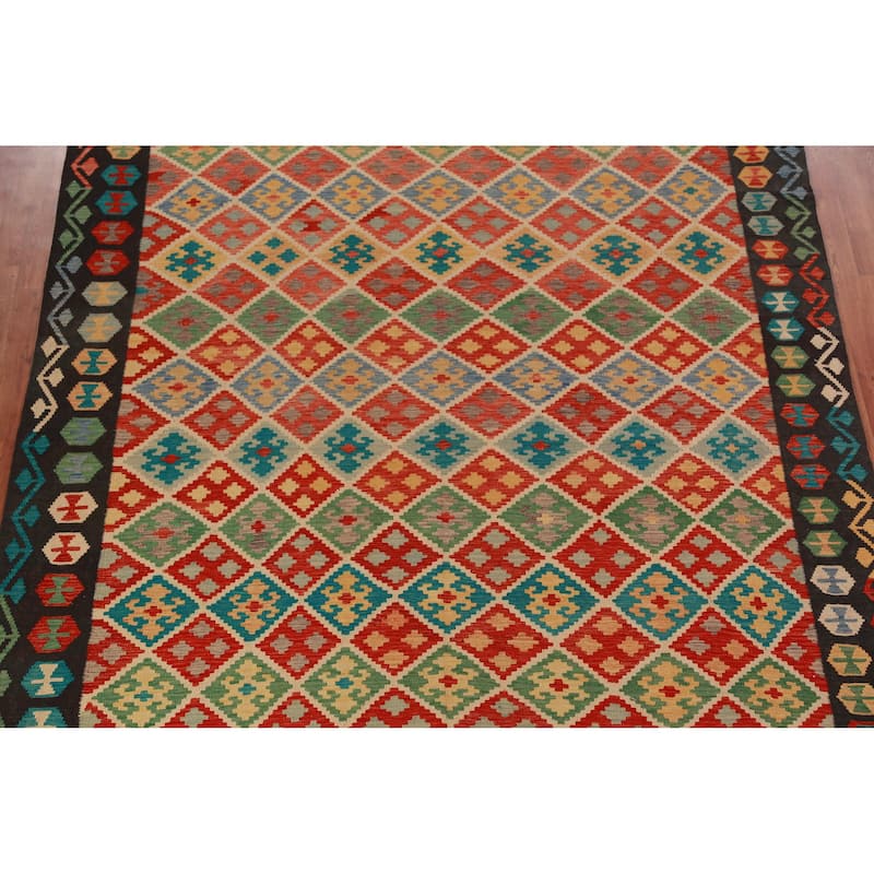 Reversible Trellis Kilim Oriental Area Rug Flatweave Wool Carpet - 8'7"x 11'2"