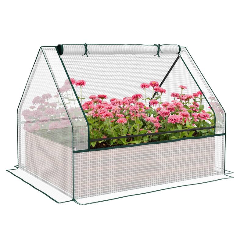Raised Garden Bed with Mini Greenhouse,Galvanized Outdoor Planter Box with Cover,for Herbs,White Cover and Brown Planter - White