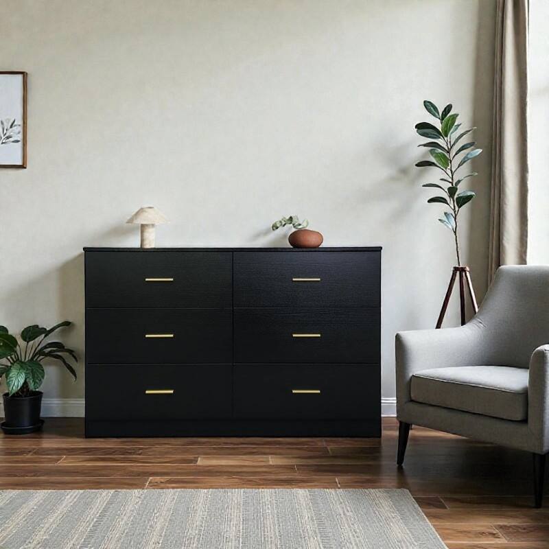 Modern 6 Drawer Dresser for Bedroom, Wide Chest of Drawers with Ample Storage, Sturdy Gloss Finish - Black