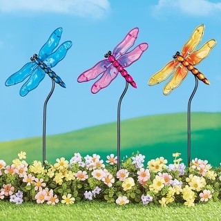 Glass Dragonfly Garden Stakes - Set of 3 - 7.5 x 24 x 0.5