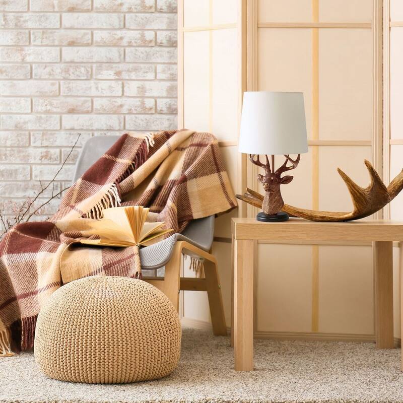 Copper Deer Head Table Lamp Rustic Style White Fabric Shade Accessible Switch - 9.50” x 9.50” x 17.25”