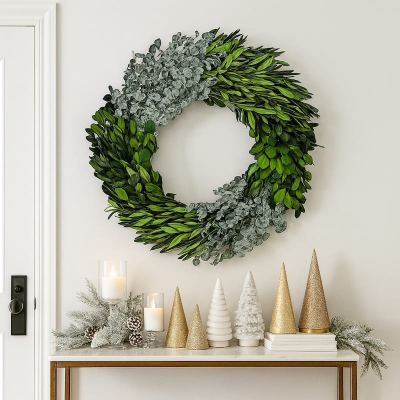 Preserved Decorative Dried Real Eucalyptus and Boxwood Wreath 21 Inch - Green