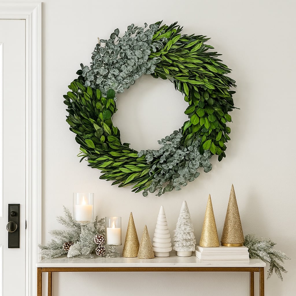 Preserved Decorative Dried Real Eucalyptus and Boxwood Wreath 21 Inch - Green