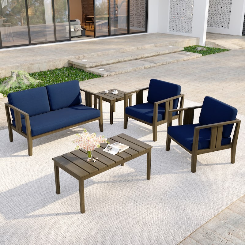 5-Piece Casual Outdoor Patio Furniture Set In Solid Teak Wood - Natural Wood - Navy