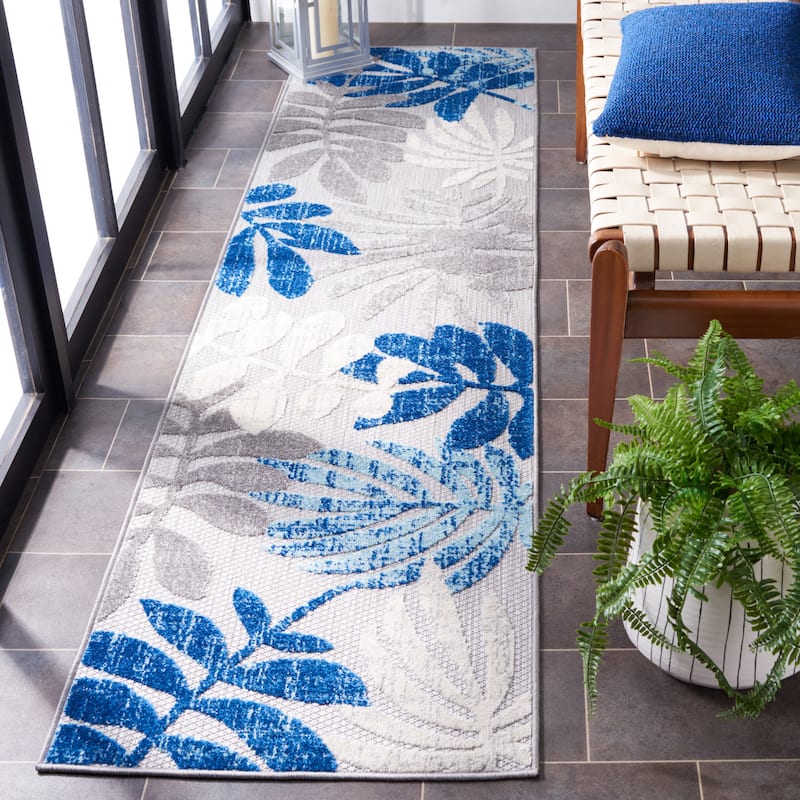 SAFAVIEH Cabana Neera Indoor/ Outdoor Waterproof Patio Floral Rug - 2' x 8' Runner - Grey/Blue