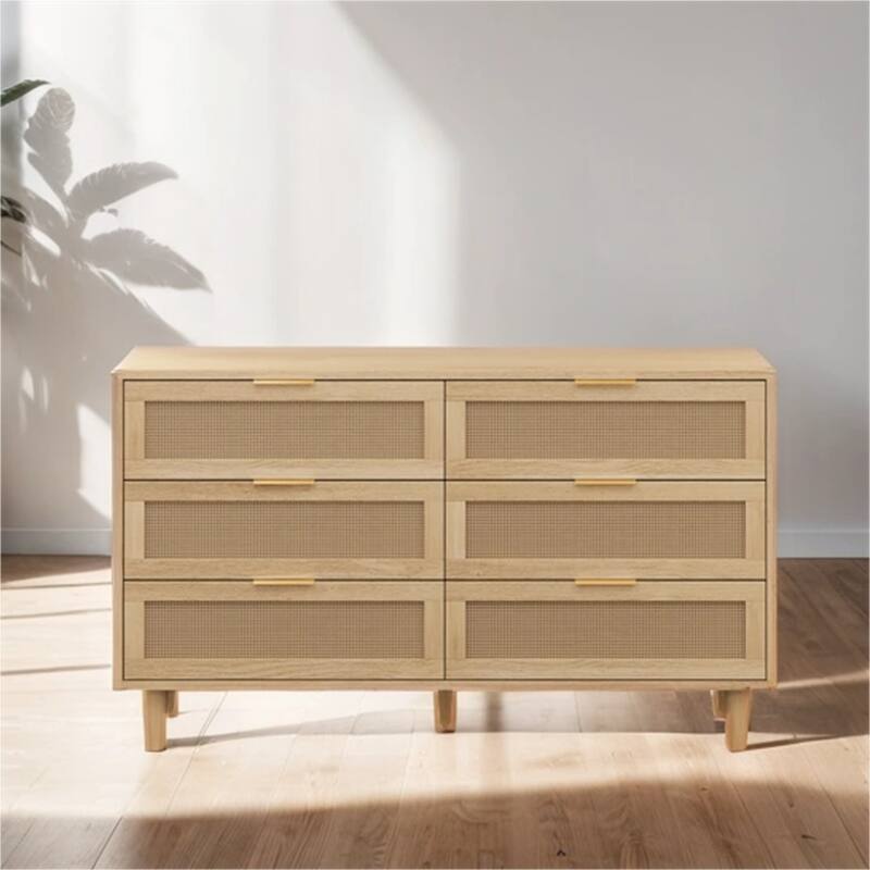 51" Rattan Storage Cabinet with 6 Drawers and Wood Legs