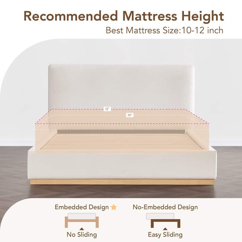 Spruce & Spring Modern Boucle Upholstered Platform Bed with Solid Wood Frame