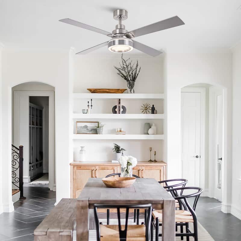 52" Brushed Nickel 4-Blades Smart Ceiling Fan with Dimmable LED Light and Remote