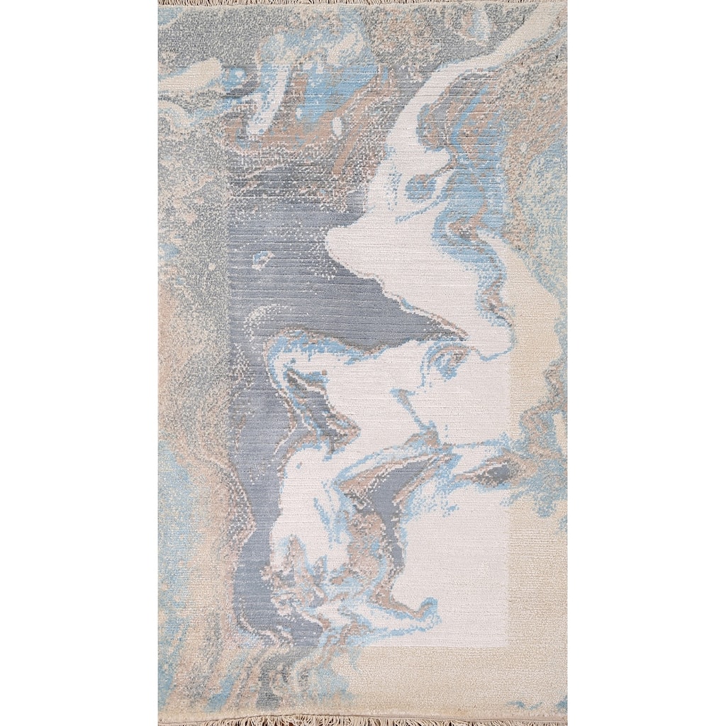Striped Modern Abstract Foyer Rug Hand-Knotted Wool Carpet - 2'8" x 4'11"