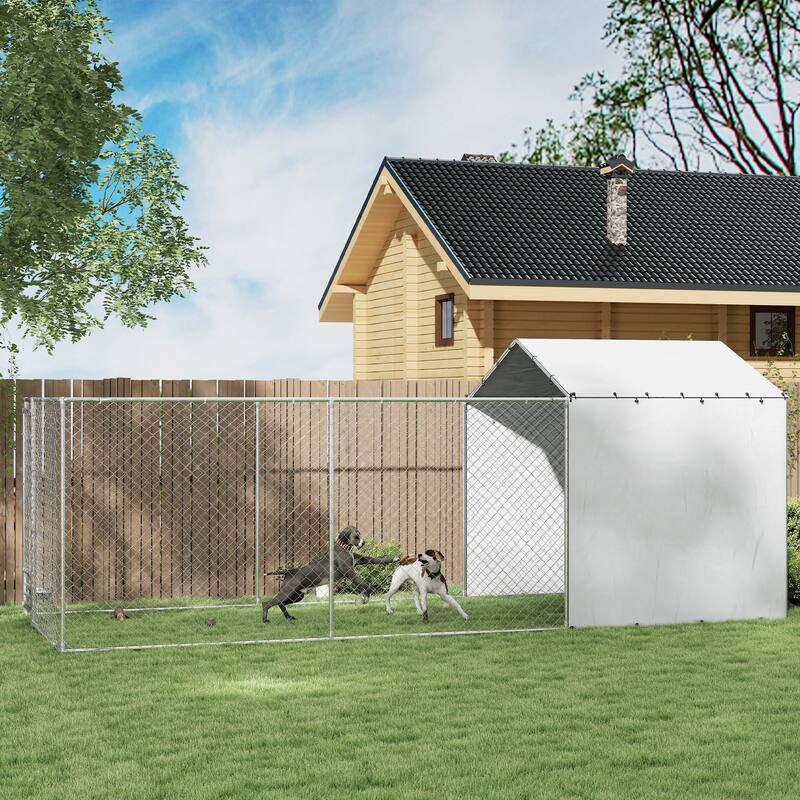 PawHut Large Outdoor Dog Kennel, Heavy Duty Dog Kennel Outside with Waterproof & UV-Resistant Cover, Rotating Bowls Door