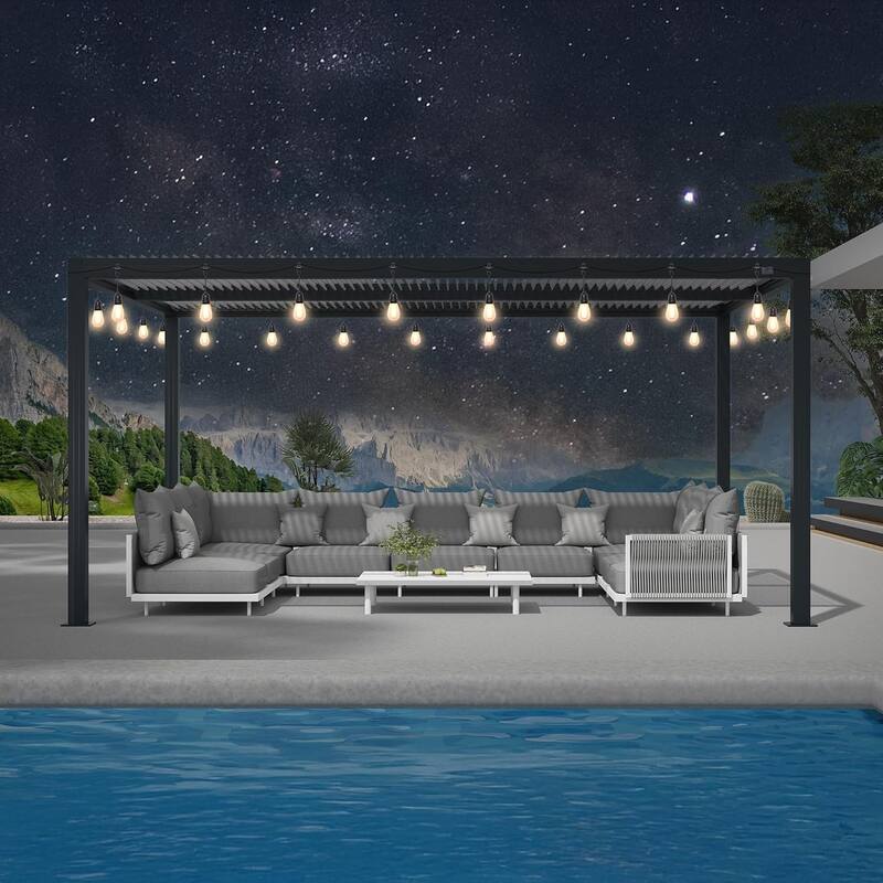 PURPLE LEAF Louvered Pergola with Solar Lights Hardtop Gazebo for Patio - 12' x 16' - Grey Frame & White Roof