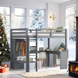 Twin Loft Bed with L-shaped Desk, Wardrobe and Storage Shelves, Grey
