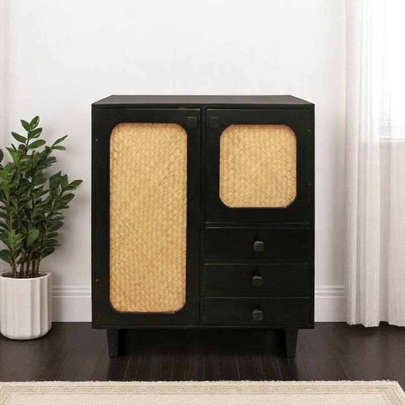 HomeRoots 32" Black Distressed Solid Wood Three Drawer Sideboard with Two Doors - 31.50 in. x 37.00 in. x 12.00 in. - 31.50 in. x 37.00 in. x 12.00 in.