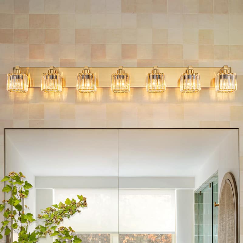 6/7 Light Bathroom Vanity Light Wall Sconce with Crystal Shade - 51.2" - Gold