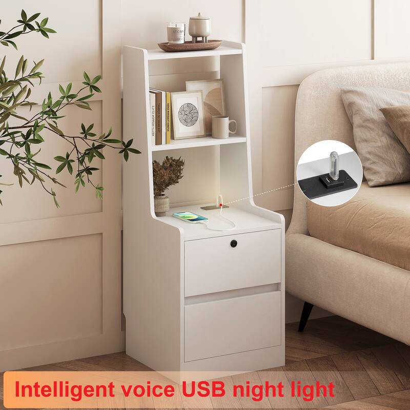 Nightstand with Charging Station, Smart Nightstand with Night Light, Modern Night Stand with Bookshelf - White