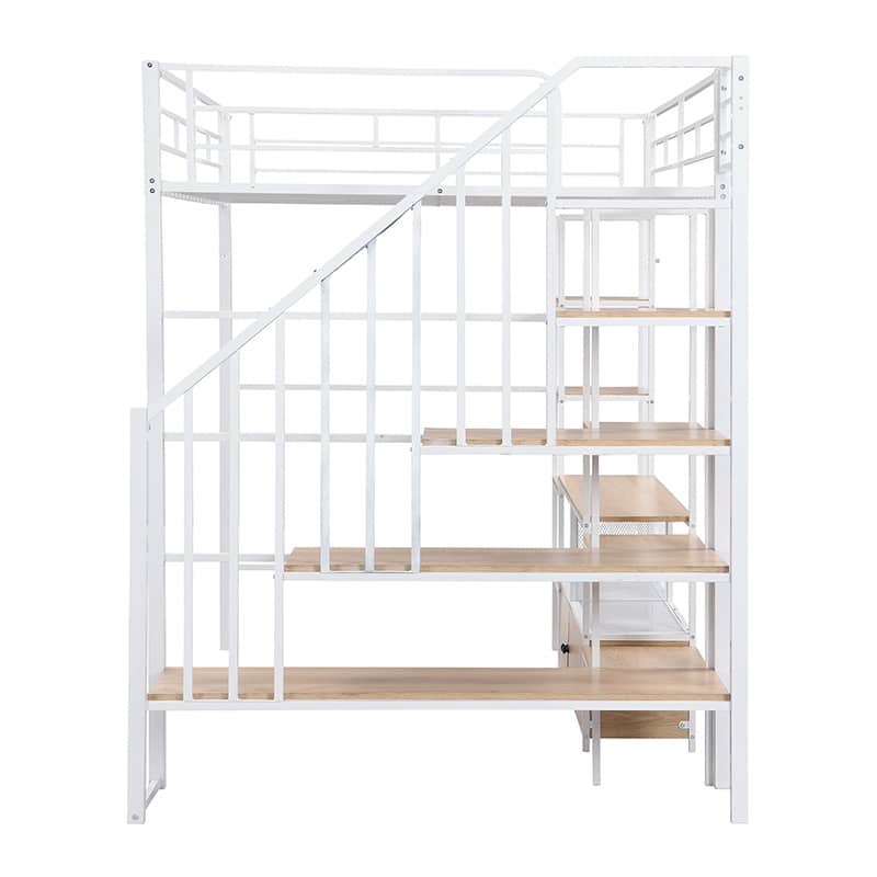 Full-Size Metal Loft Bed with Staircase, Built-In Low Storage Desk, and Multi-Tier Shelving for Space-Saving Versatility