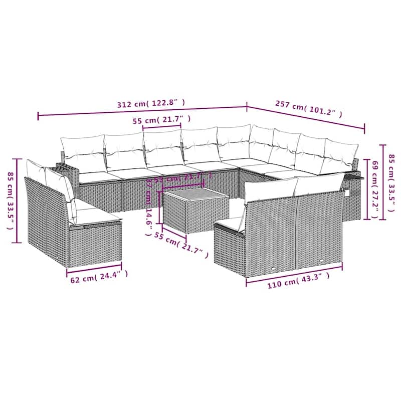 vidaXL 13 Piece Patio Sofa Set with Cushions Black Poly Rattan - 24.4" x 24.4" x 27.2"
