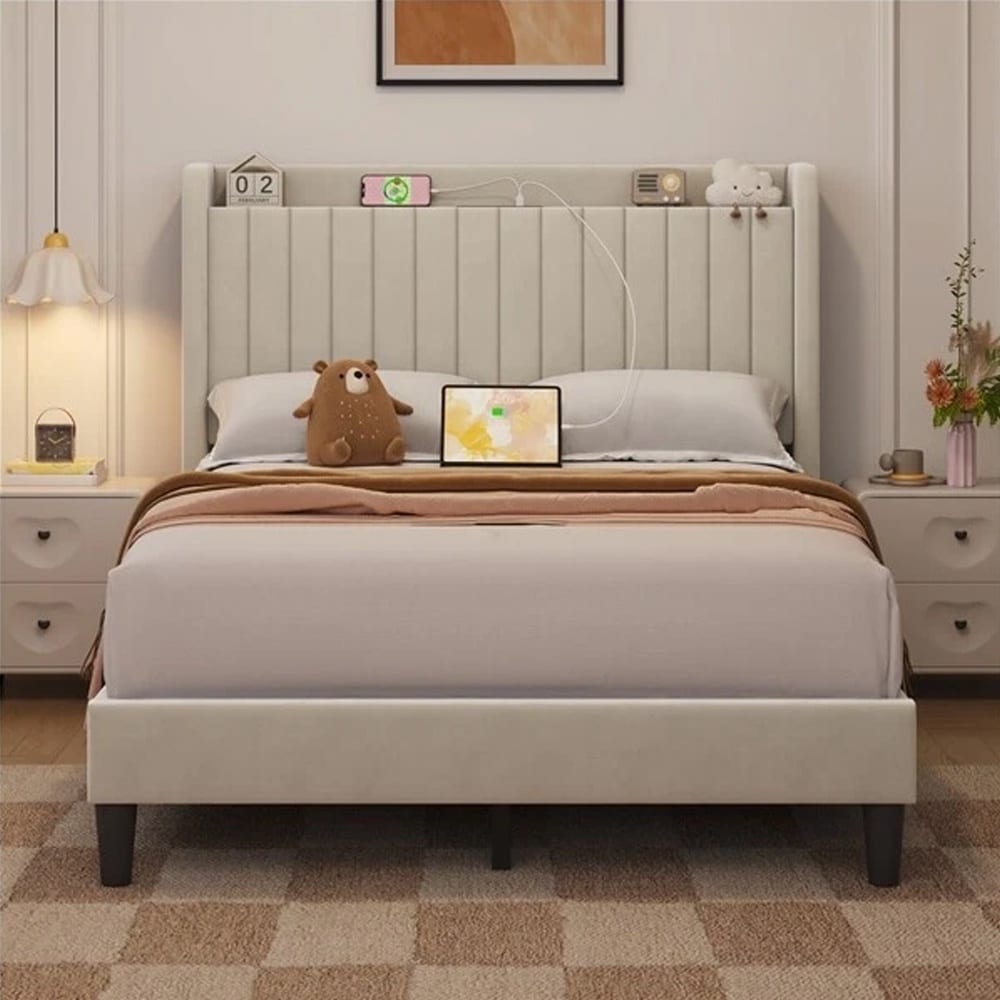 Full Bed Frame with Headboard/Charging Station Beige