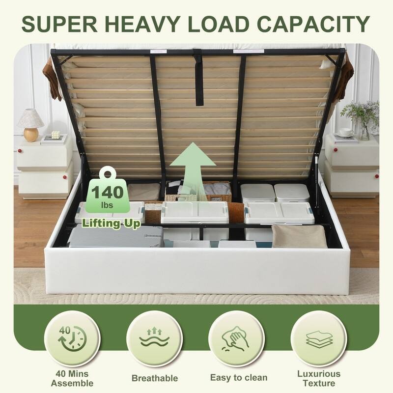 Full Size Lift-Up Storage Bed, White