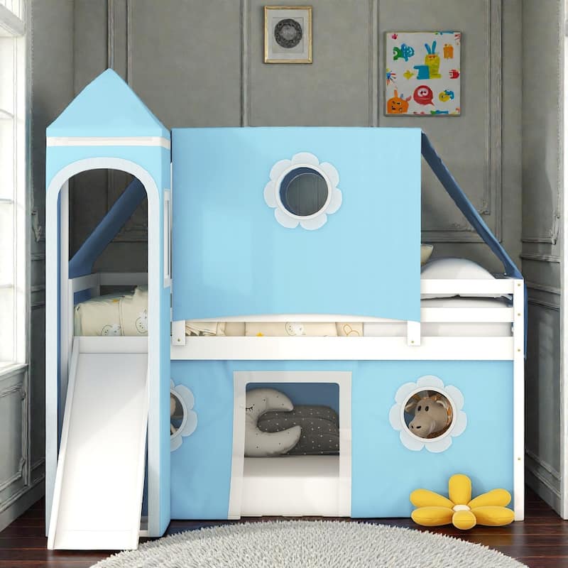 Kids Loft Bed with Slide, Tent and Tower, Solid Wood Castle Playhouse Loft