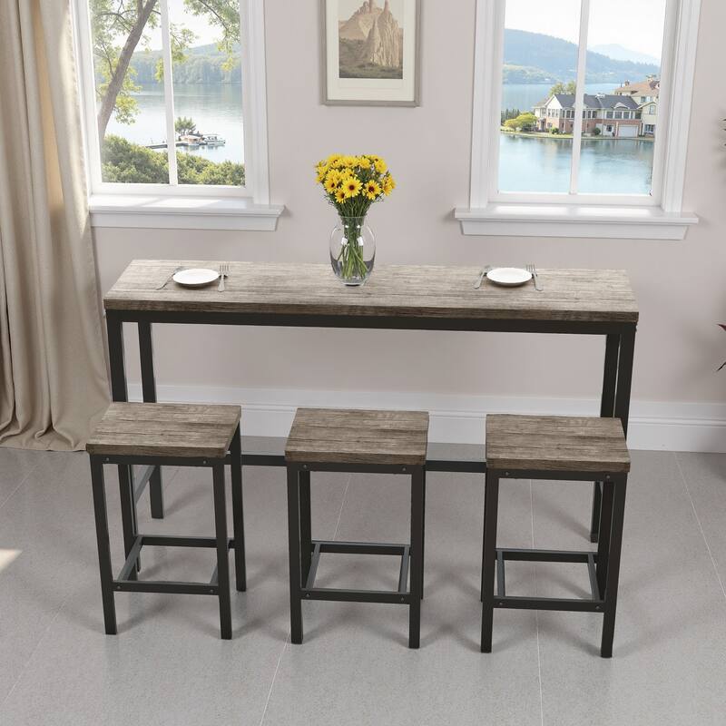 Sofa Side Table and Chair Set, Brown Gray Backless Dining Chairs with Metal Legs, Sturdy Dining Table Workbench with Metal Frame