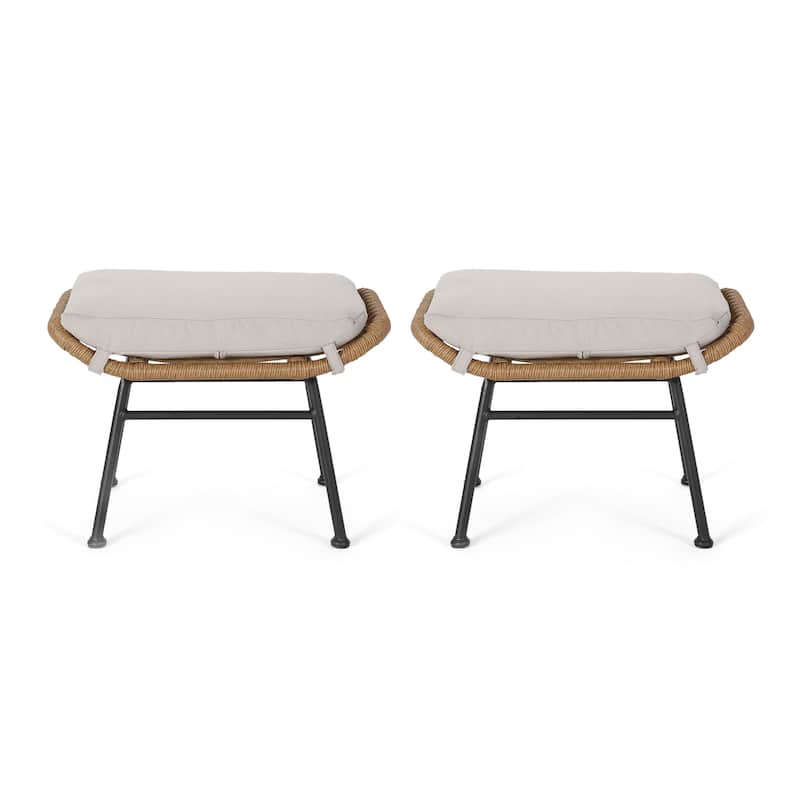 Roomfitters Outdoor Rattan Ottomans with Cushions, Set of 2 Footrests for Patio or Balcony Seating