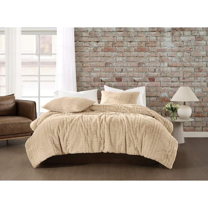 Brooklyn Loom Carved Faux Fur 3 Piece Comforter Set - Tan - King