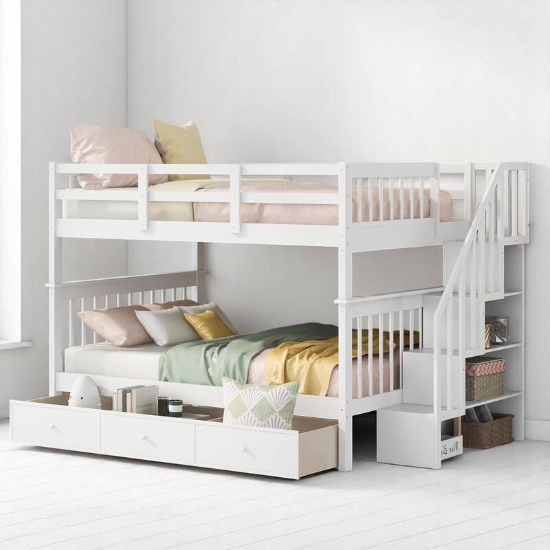 Full Over Full Bunk Bed with Storage Staircase and Shelves, Convertible Design, No Box Spring Needed,kid beds - White