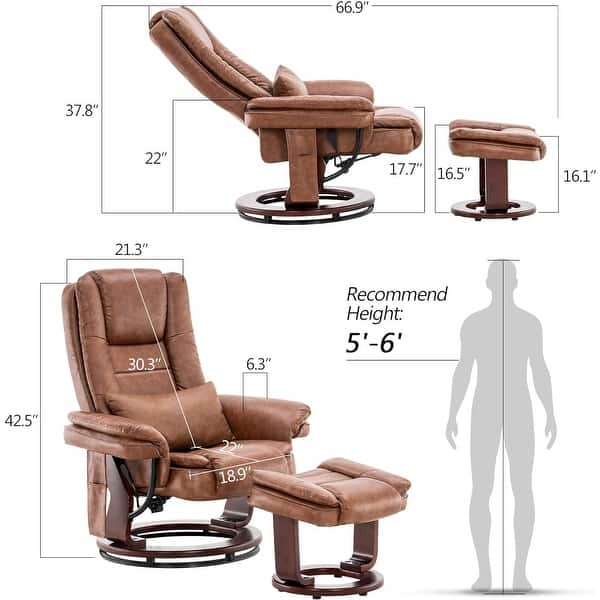 dimension image slide 1 of 6, MCombo Set of 2 Swivel Recliner with Ottoman, Vibration Massage Lumbar Pillow