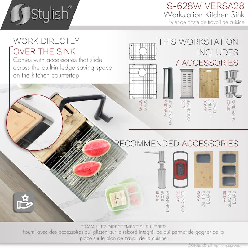 STYLISH 28 inches Workstation 60/40 Double Bowl Undermount 16 Gauge Stainless Steel Kitchen Sink with Accessories included