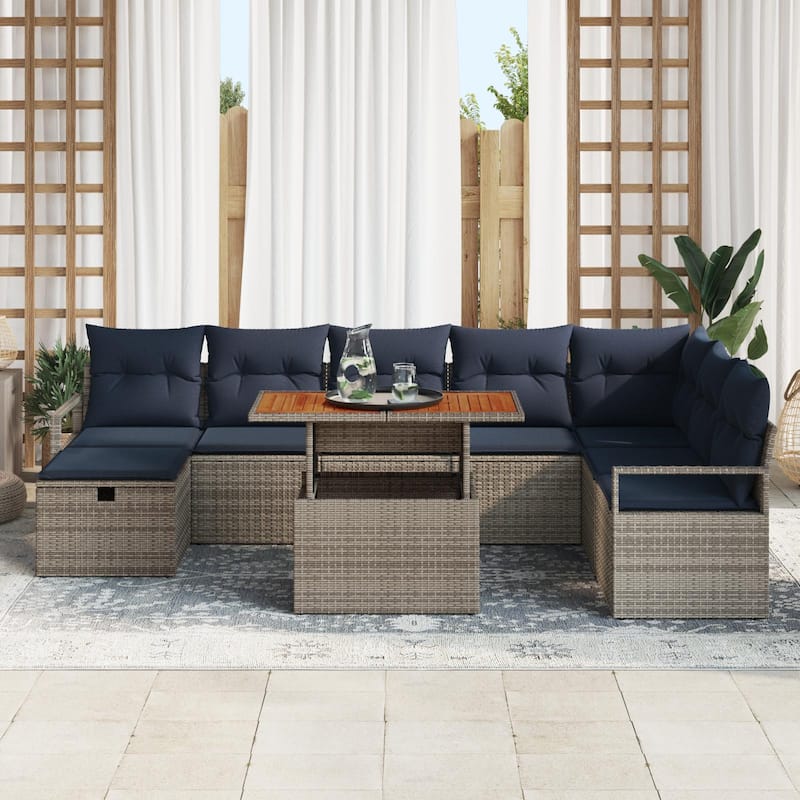 vidaXL 9 Garden Sofa Set with Cushions Black/Grey Poly Rattan - 113 x 69.7 x 27.2
