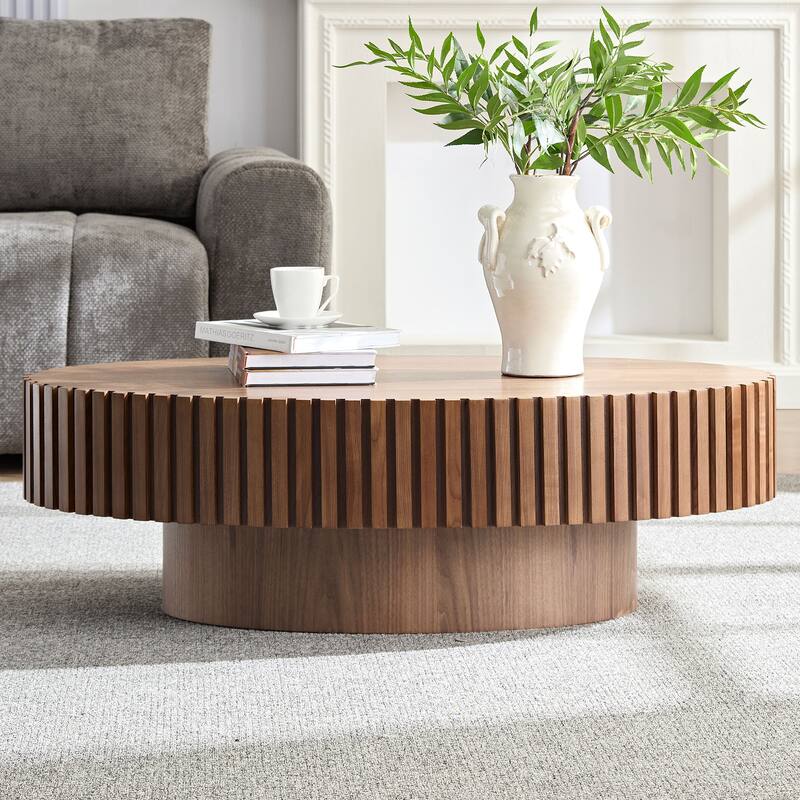 Modern Handcraft Drum Coffee Table Length 43.7 inch Round Coffee Table for Living Room,Small Coffee Table with Sturdy Pedestal