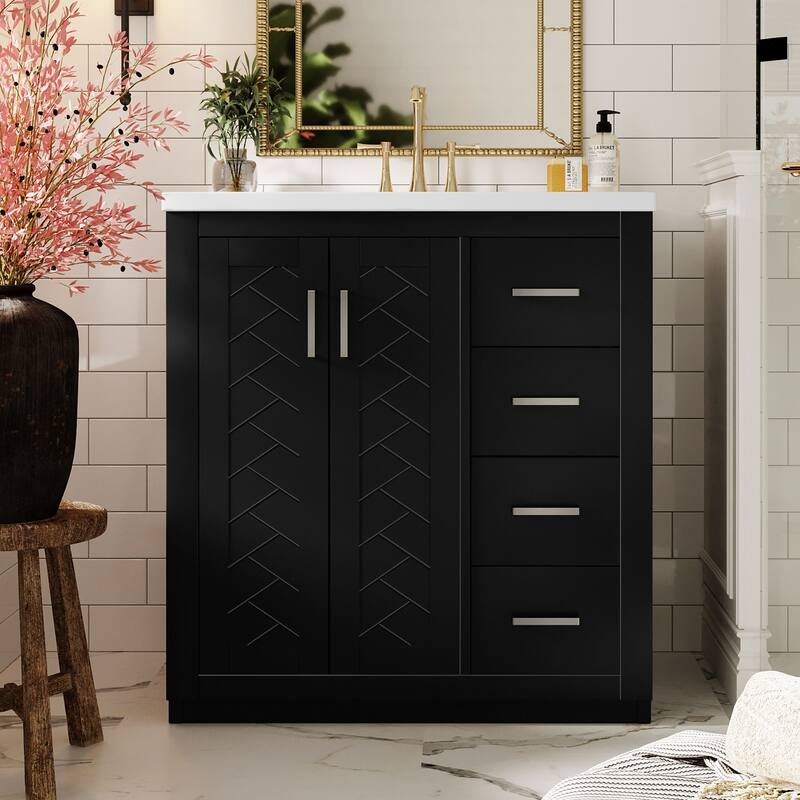 Bathroom Vanity with Ceramic Sink, Vanity Set with 3 Drawers and Doors, Bathroom Storage Cabinet with Solid Wood Frame