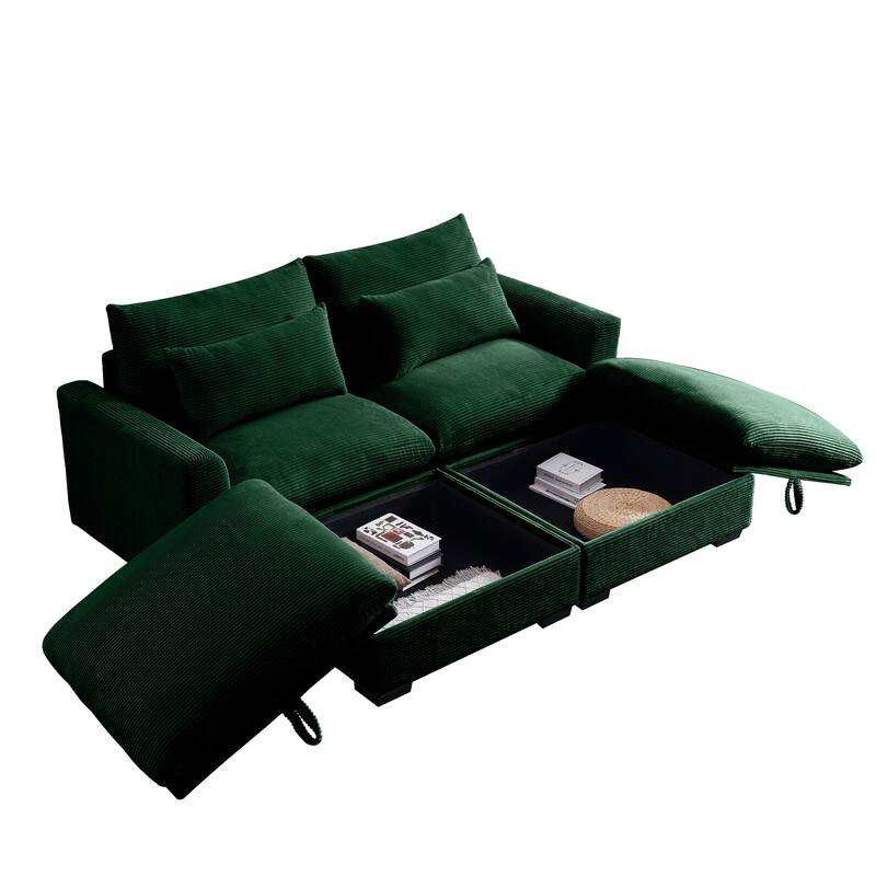 Corduroy Loveseat Sofa Couch with Storage Ottomans, Modern Sectional 2 Seater Sofa with Deep Seat, Pillows for Small Spaces