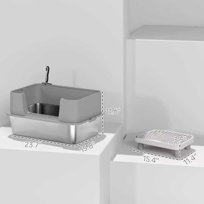 Stainless Steel Cat Litter Box with High Sides, Metal Cat Litter Box with Scoop