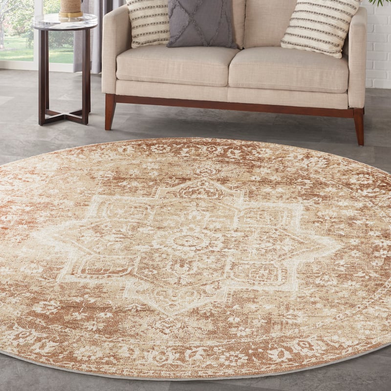 Nourison Astra Machine Washable Distressed Area Rug - 5'3" Round - Rust
