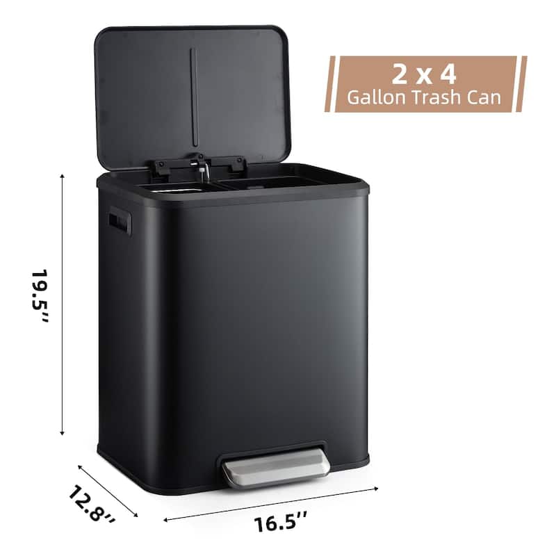Hands-Free Stainless Steel Dual Trash Can 2 x 4 Gal (2 x 15L) with Lid and Inner Buckets