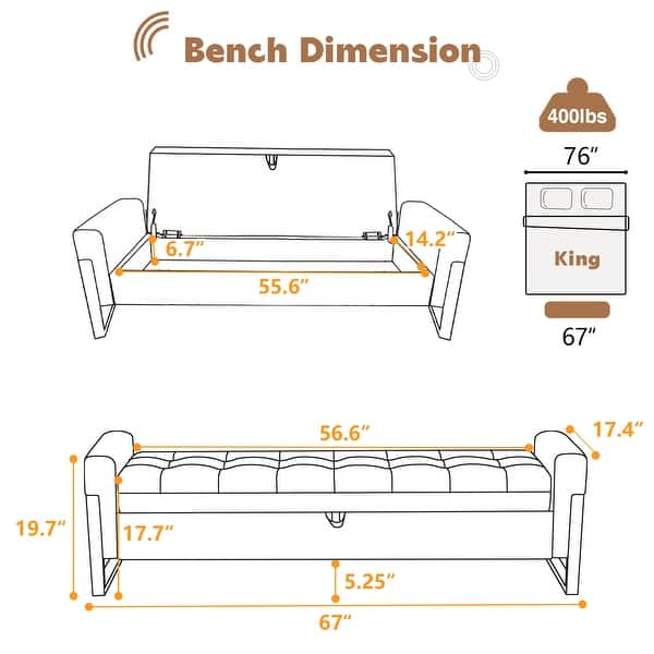 dimension image slide 1 of 4, 66" Storage Bench for Bedroom End of Bed with Single Lids and Gold Legs