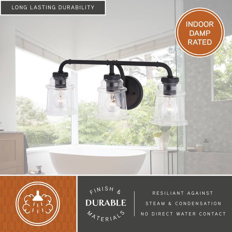 Toledo Black Industrial Farmhouse Clear Glass Vanity Fixture