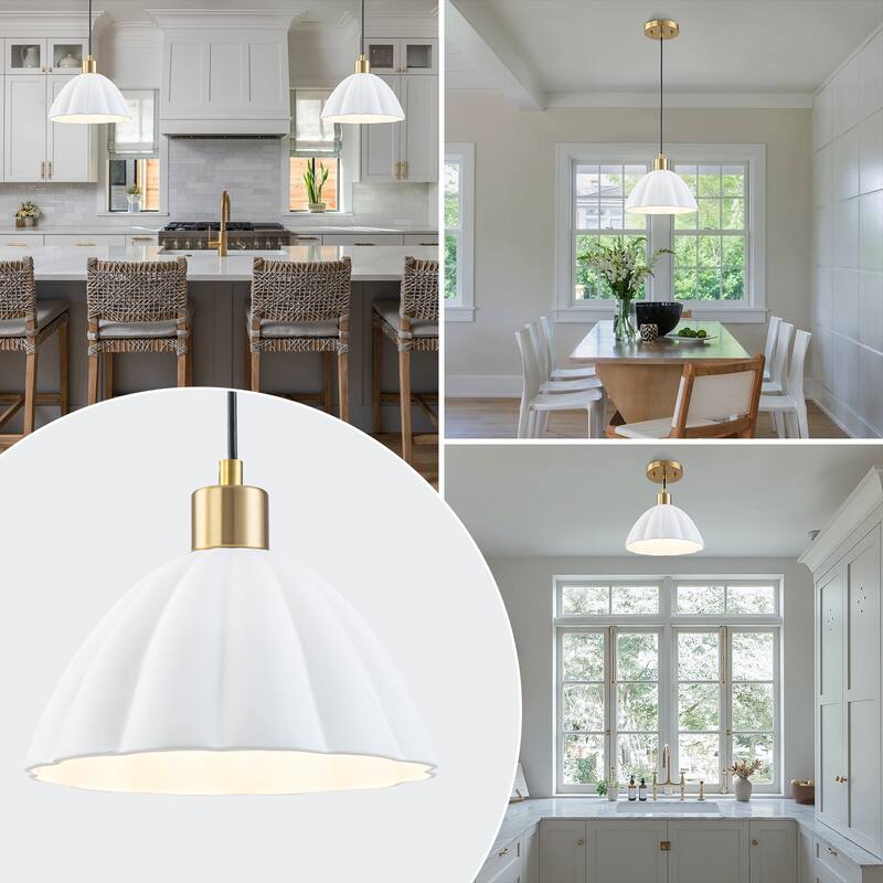 1-Light Pendant Light with Fluted White Ceramic Dome & Brass Accents - Dia.9.65-in