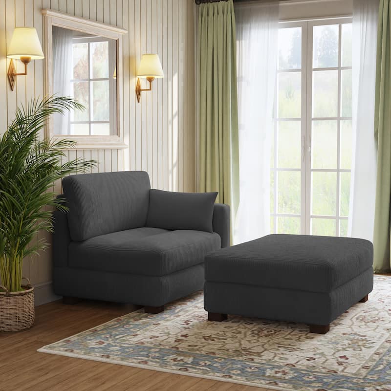 Modern Corduroy Upholstered Sectional Chaise Lounge with Ottoman