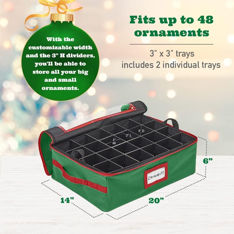 Underbed Christmas Ornament Storage Container - Holds up to 48-3 Inch Ornaments – Two Individual Removable Trays
