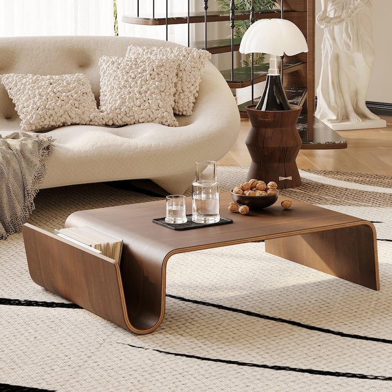 41" Modern Minimalist Brown Coffee Table, Solid Wood Veneer, Retangular Coffee Table for Livingroom